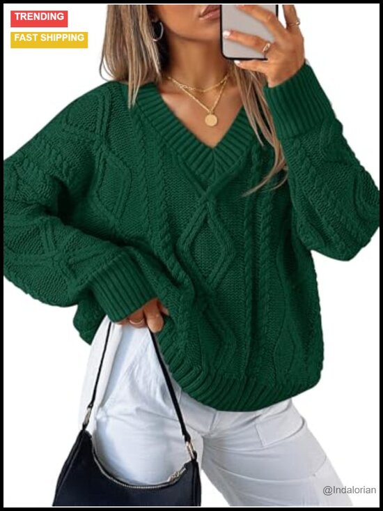 Sweaters - Cable Knit Oversized V-Neck Pullover Sweater Long Sleeve